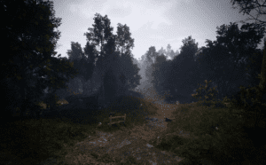 Peaceful forest path under a cloudy sky, rendered with AAA game-quality visuals, surrounded by tall trees and scattered rocks.