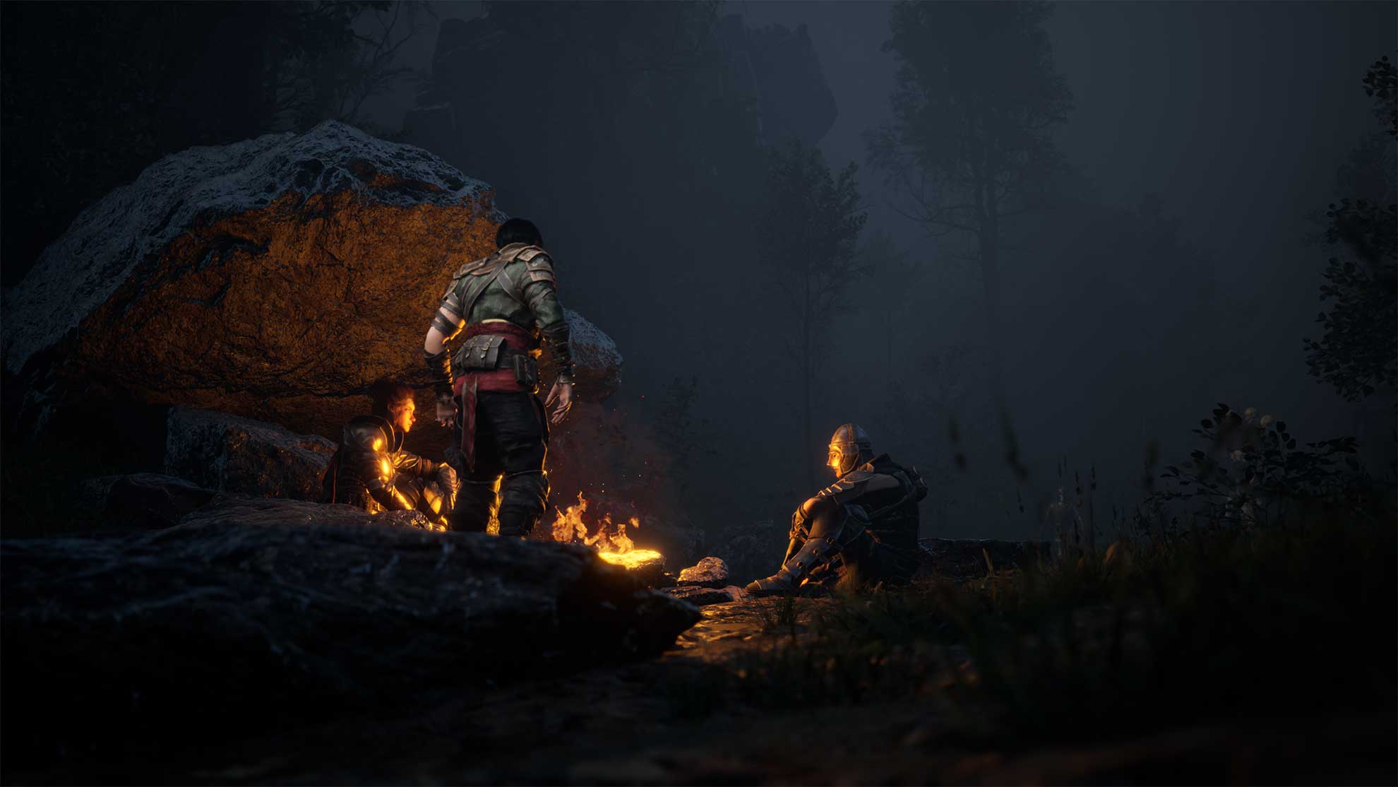 Nighttime forest scene with adventurers gathered around a campfire near a large rock, their armor glowing in the firelight.