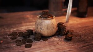 Close-up of a rustic pot filled with coins on a wooden table, rendered in stunning detail for Unreal Engine 5 games.