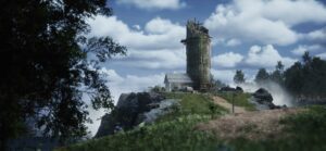 Stone tower and rustic house perched on a grassy hilltop, surrounded by trees and clouds in a serene landscape.